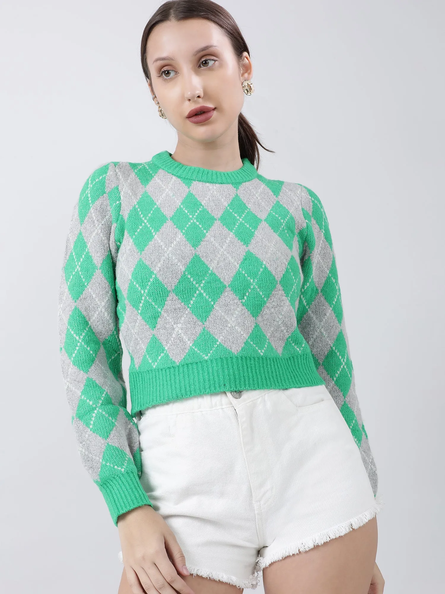 Women Slim Fit Green Geometric Sweater