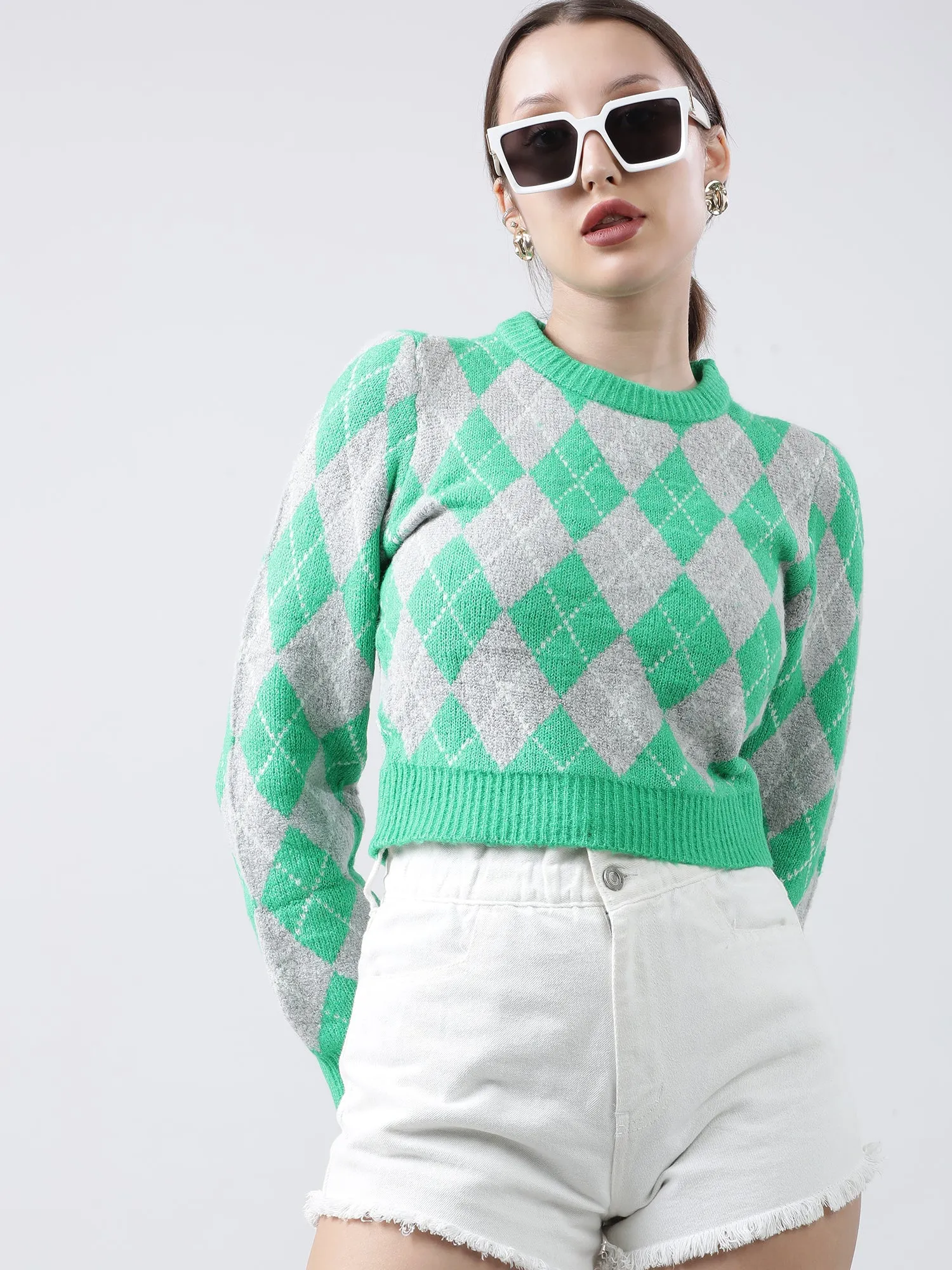 Women Slim Fit Green Geometric Sweater