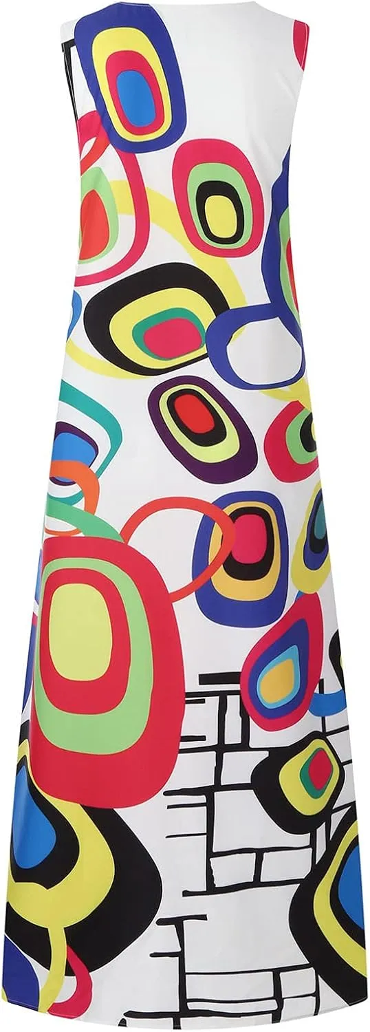 Women's Fashion Maxi Dresses Floral Boho Summer Dress Printed V Neck Sleeveless Casual Sundress with Pockets