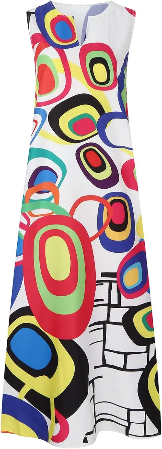 Women's Fashion Maxi Dresses Floral Boho Summer Dress Printed V Neck Sleeveless Casual Sundress with Pockets