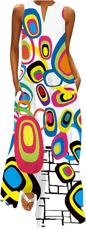 Women's Fashion Maxi Dresses Floral Boho Summer Dress Printed V Neck Sleeveless Casual Sundress with Pockets
