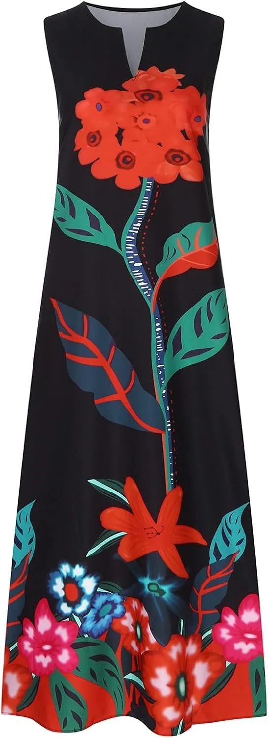 Women's Fashion Maxi Dresses Floral Boho Summer Dress Printed V Neck Sleeveless Casual Sundress with Pockets