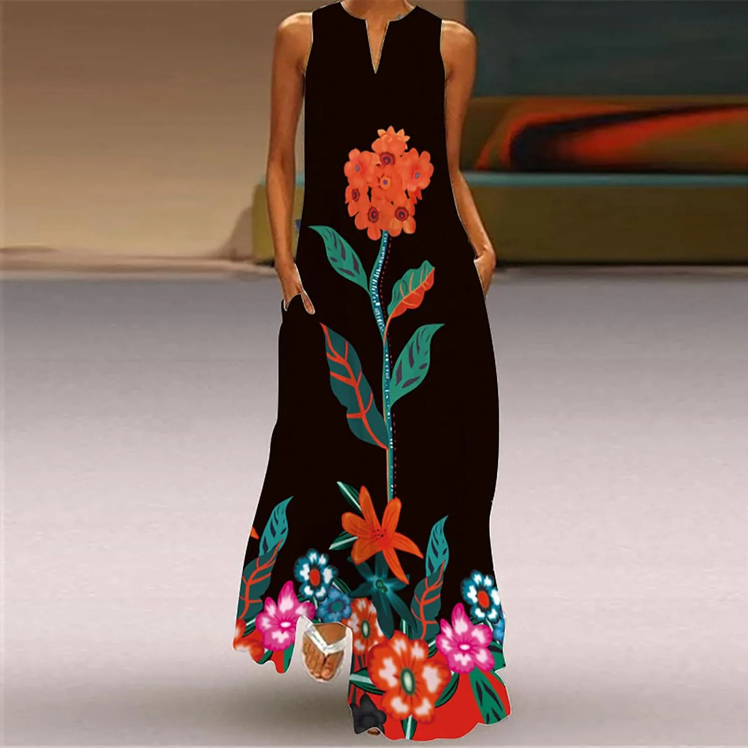 Women's Fashion Maxi Dresses Floral Boho Summer Dress Printed V Neck Sleeveless Casual Sundress with Pockets