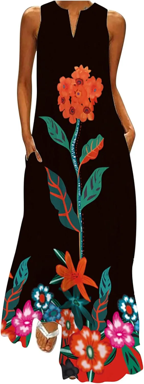 Women's Fashion Maxi Dresses Floral Boho Summer Dress Printed V Neck Sleeveless Casual Sundress with Pockets