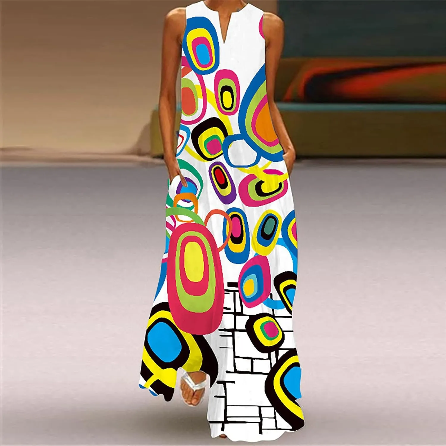 Women's Fashion Maxi Dresses Floral Boho Summer Dress Printed V Neck Sleeveless Casual Sundress with Pockets