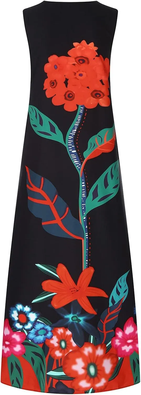 Women's Fashion Maxi Dresses Floral Boho Summer Dress Printed V Neck Sleeveless Casual Sundress with Pockets