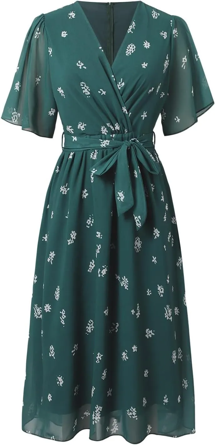 Womens Floral Chiffon Dresses Printed V Neck Belted Elegant Boho Summer Dress Wedding Prom Cocktail Midi Dresses