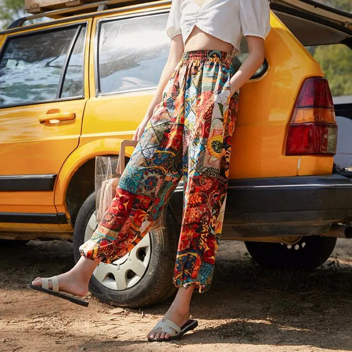 Women's Loose Retro Print Beach Pants