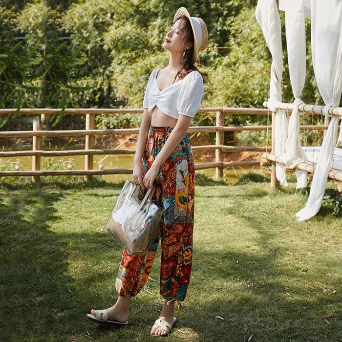 Women's Loose Retro Print Beach Pants