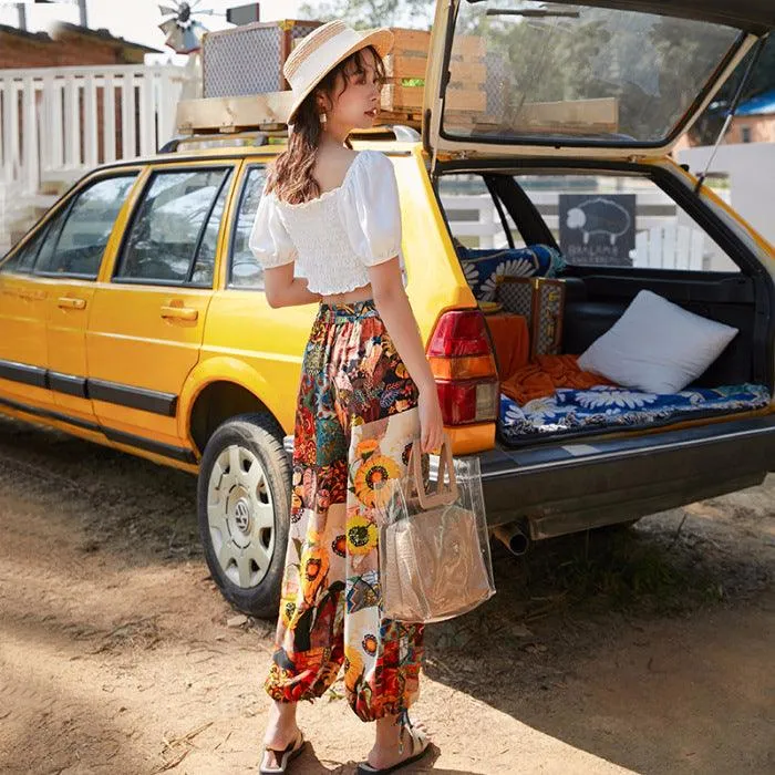 Women's Loose Retro Print Beach Pants
