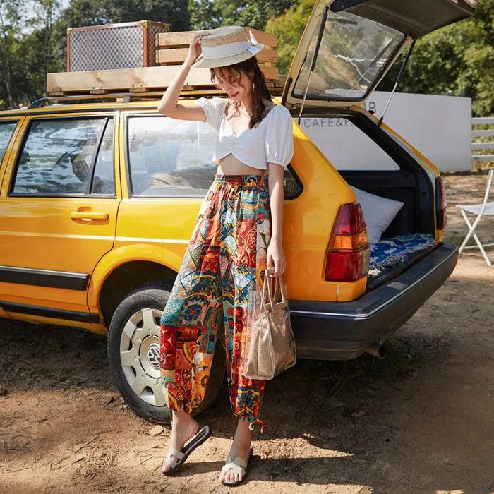 Women's Loose Retro Print Beach Pants