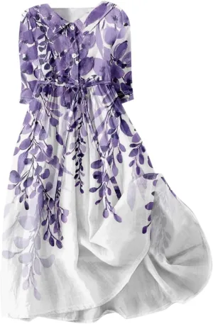 Women's Sundresses 2025 Summer Casual Loose Trendy 3/4 Sleeve Button Vintage Floral Printed Boho Dress Plus Size, S-3XL