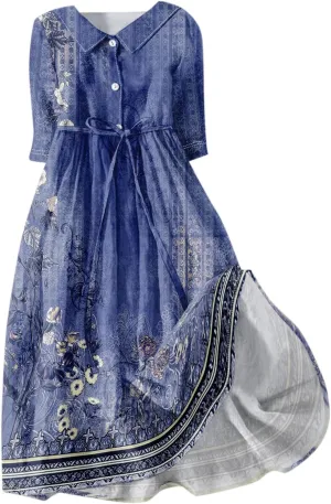 Women's Sundresses 2025 Summer Casual Loose Trendy 3/4 Sleeve Button Vintage Floral Printed Boho Dress Plus Size, S-3XL